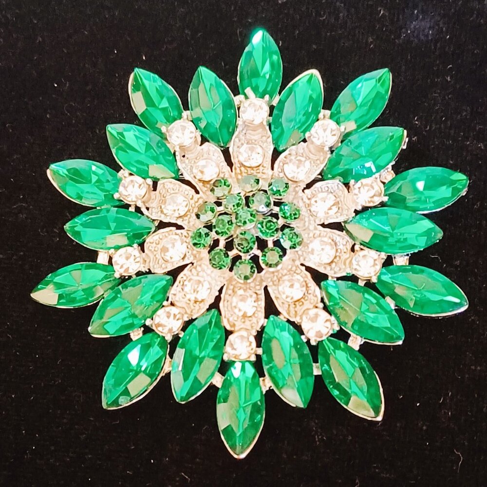 Lovely Green & Clear Rhinestone 3" Brooch